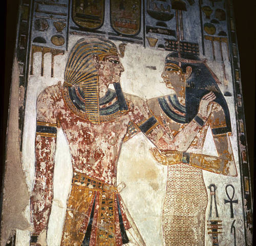 King Seti Ibeing embraced by goddess Imentet, wall painting from the Tomb of Seti I (KV17). New King