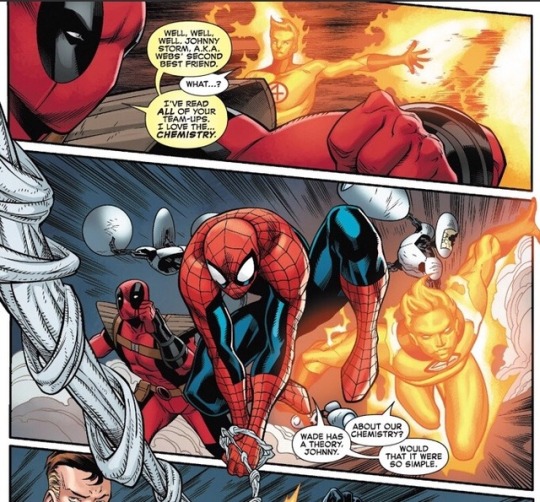 The latest installment in the Spider-Man/Deadpool series 😂(theultimatespidey-petey)oh god i have to catch upwade being jealous of johnny is my fuckin favorite