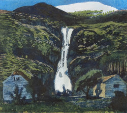 amare-habeo:      Nikolai Astrup (Norwegian, 1880-1928)   Waterfall and Glacier, N/D Colour woodcut, 14 x 15 cm 