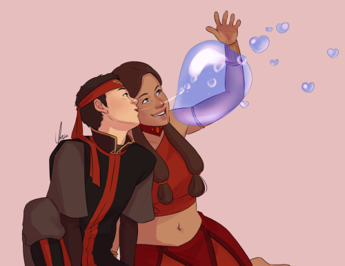 yinza:Patreon reward of Aang and Katara doing some silly Valentine’s Day bending~[Image Description: