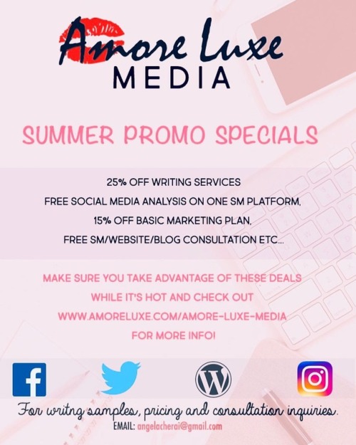 Make sure to take advantage of Amore Luxe Media’s Summer Promo Specials! Email angelacherai@gmail.co