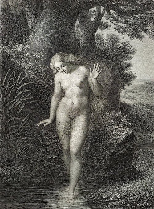 mermaidenmystic:Eve se mirant dans l'eau (Eve looking at herself in the water) ~ etching ~ engraved 