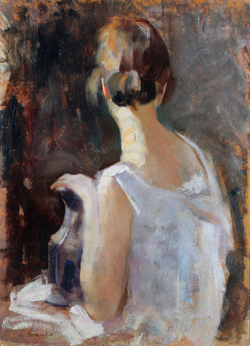 Figure from behind    -    Angelo Brando Italian, 1878-1955 Oil on cardboard, 49,5 x 36 cm.