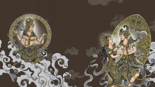 Semara (Kamadeva) and Rati blessed by Shiva, Balinese style painting
