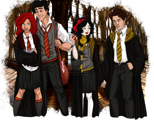 summersone:Disney at Hogwarts by Eira1893  Gryffindor Prince Charming, Philip, Ariel & Eric, Aladdin, Merida, Tarzan, KidagakashHufflepuffSnow White & Prince Ferdinand, Cinderella,Tiana, Anna & KristoffRavenclawAurora, Belle, Rapunzel, Milo