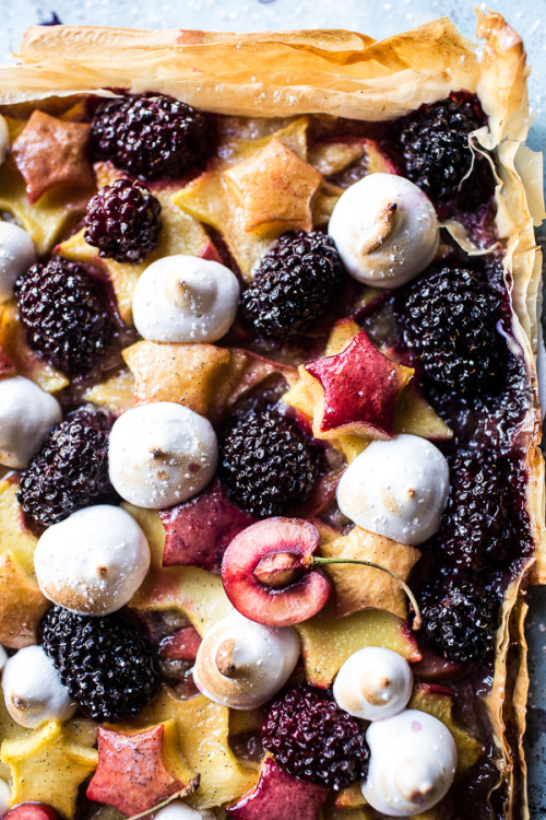 sweetoothgirl:  Honey Butter Stone Fruit and Blackberry Meringue Tart 