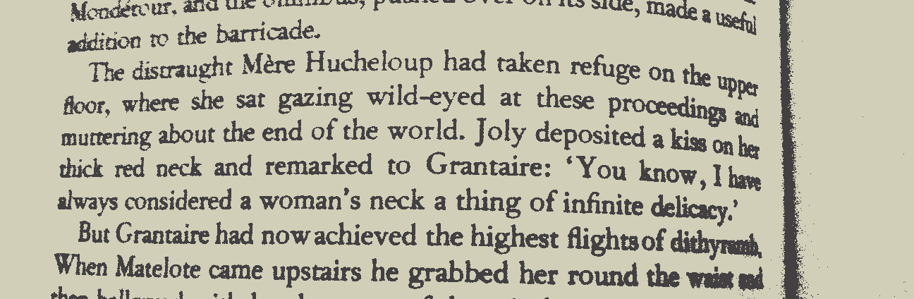 The distraught Mère Hucheloup had taken refuge on the upper floor, where she sat gazing wild-eyed at