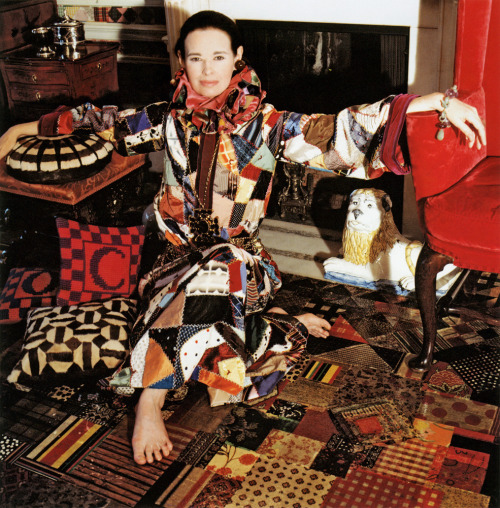 Gloria Vanderbilt in the master bedroom at 45 East 67th Street wearing an Adolfo outfit inspired by 