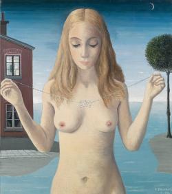 kirgiakos: Paul Delvaux (1897-1994).  ‘’Le Collier’’, c.1970.Oil on Panel.