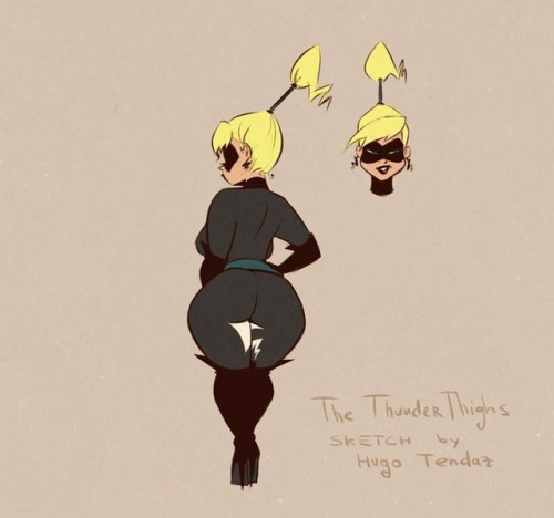 hugotendaz:   Maria aka The Thunder Thighs - Sketch Character design for some future project. Only logical place for the logo are her thighs. Her inner thighs :)   Newgrounds Twitter DeviantArt  Youtube Picarto Twitch   