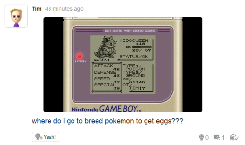 imakuni:  hyrule-in-a-pokeball:  Children are shocked and confused by ancient Pokeon games (Found on Facebook)  I think my favorite is the one asking where to breed with a picture of Nidoqueen, a Pokémon incapable of breeding in every generation 