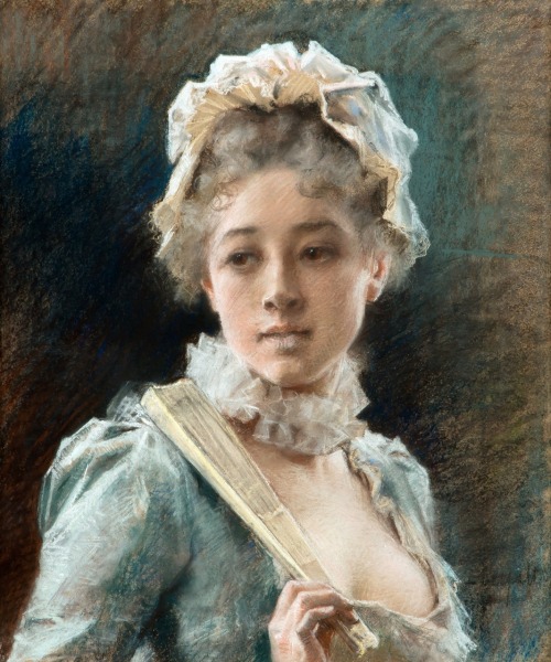 A Young Woman with a Fan.1884. Pastel. 60 x 48 cm. Art by Albert Edelfelt.(1854-1905).