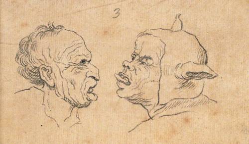 Two Distorted Faces with Protruding Tongues, Expressing Ugly Characters According to the Physiognomi