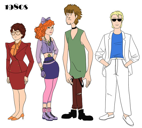 elvisqueso:rocky-horror-shit-show:  gameraboy:  Scooby Gang through the Ages by Julia Wytrazek  So based on the original cartoon:Velma is from the 90sDaphne is from the 50sShaggy is from the 70sFred is from the 20sScooby is not pictured which leads me