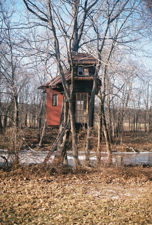 cabinporn:  Treehouse near Esopus Creek in Marbleton, New York. Built by artists Andrew H. Shirley and Amanda Wong. Contributed by Christian Gallo.  
