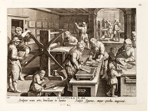 design-is-fine:Early printshop, 1638. Speculum diuersarum imaginum speculatiuarum. Antwerp. Via Smit