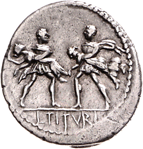 romegreeceart:Rape of the Sabine WomenRoman silver coin issued in 89 BCE by moneyer Lucius Titurius 