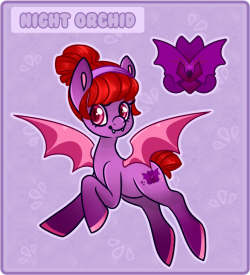 crayonkatcreations:  First Pony Name Design Trade. For: Beesu Name: Night Orchid I hope you like her! I had a lot of fun with her colors. Her cutie mark is a Bat wing shaped orchid!