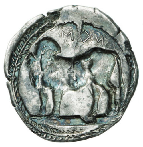 archaicwonder:Very Rare Incuse Stater from Laos, Lucania, c. 510-500 BCThe obverse has the inscripti