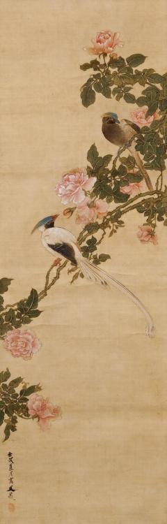 iamjapanese:TANI Bunchô（谷文晁 Japanese, 1763-1840）Birds and Flowersink and color on paper, hanging scr