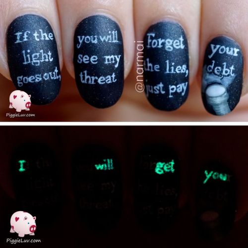 reaperfromtheabyss:lovelynaildesigns:Freehanding the text broke my eyes, and designing the text brok