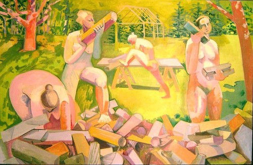 Four Nudes and a Woodpile -  Lois Dodd ,2001.American,b.1927-Oil on canvas, 44 x 68 cm.