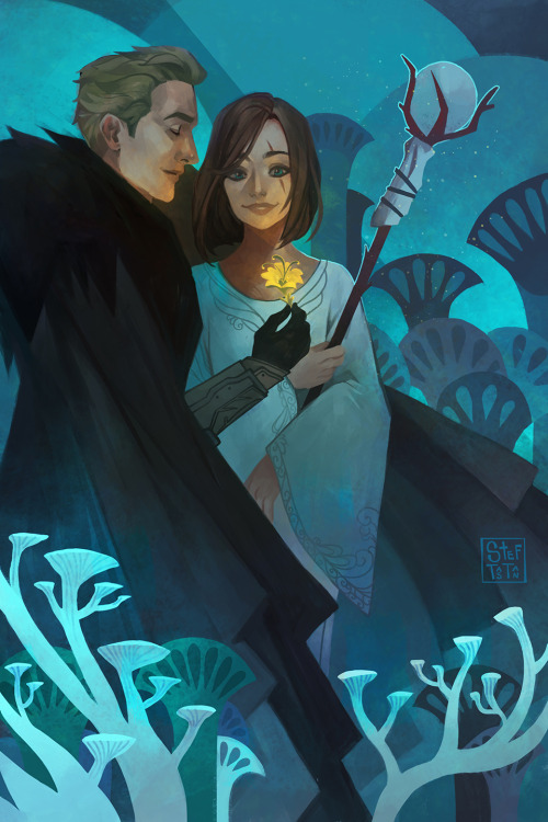 steftastan:A tarot card featuring @sarcasmfish‘s Talia and Cullen. I loved painting the background s