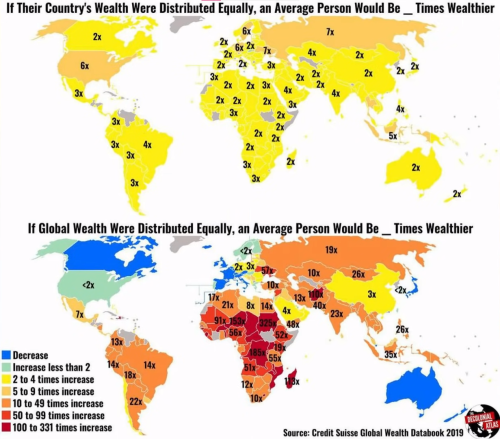 mapsontheweb:Wealth change for average person after national and global wealth redistribution, 2019.