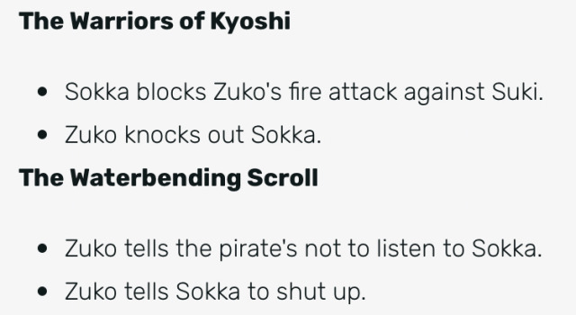 bisexuallsokka:i can’t stop laughing i just found the shipping wiki for zuko and sokka and these are some of my favorite parts from the “moments” section 