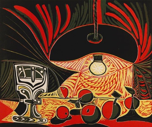 secretcinema1: Still Life with Glass Under the Lamp, 1962. Linoleum cut, Pablo Picasso