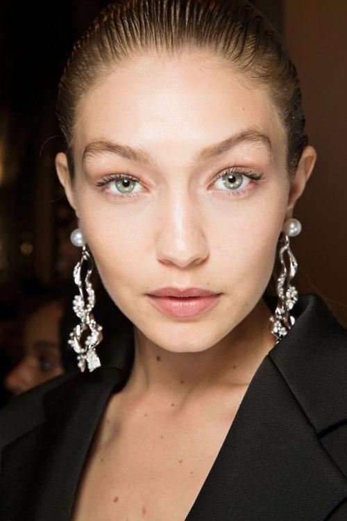 Gigi Hadid backstage at Parabal Gurung Spring/Summer 2018. 