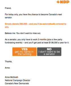 allthecanadianpolitics:allthecanadianpolitics:NDP bringing on the sass and throwing some shade on the Canadian Senate this April Fools.The best part is what happens when you click on one of the options in the email: