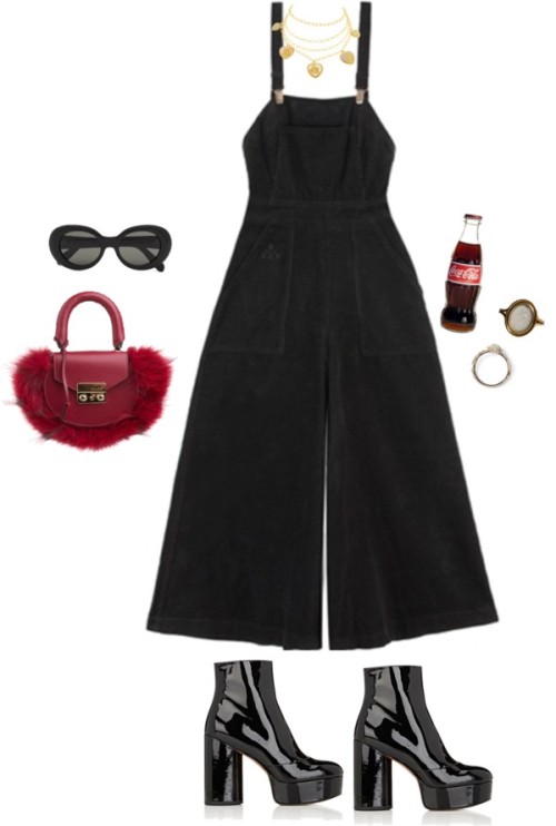 Overalls by citywolff featuring a red purseAlice McCall bib overall / Marc Jacobs black ankle bootie