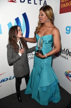 magicmumu:  thatgreenevening:  ellen page is a tiny apologetic menswear elf and laverne cox is a statuesque queen lifting her award in benediction  This looks like the most amazing prom picture ever. 