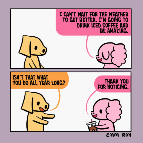 positivedoodles - [2-panel comic. A yellow dog and a pink dog...