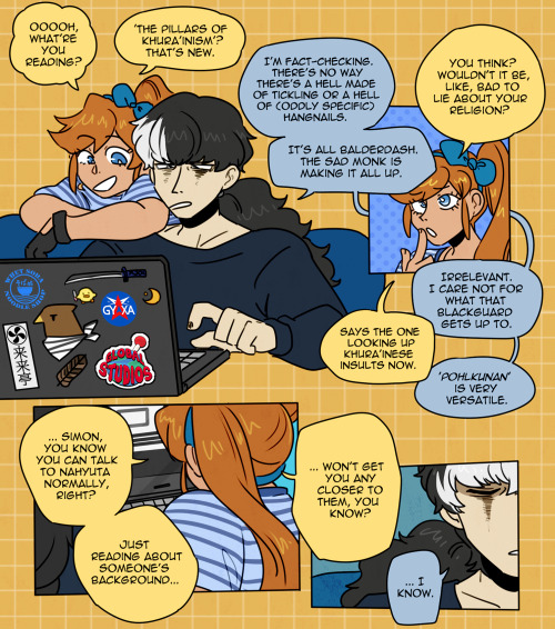 blackmadhi week day 3: culture  transcript under cutFirst comic features Athena and Simon havin