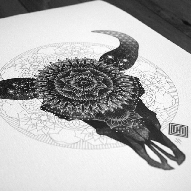 sneakystudios:  1/1 print for ma little sis. #skull #bull #cow #horn #mandala #tattoo