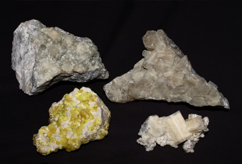 Aragonite, some with sulfur, from Sicily, Italy.  Shown under white light, short wave ultraviol