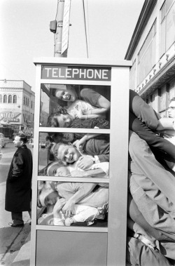 weirdvintage:  Robert W. Kelley, a LIFE magazine photographer documented one “legs-out&quot; attempt at phone booth stuffing by a bunch of college boys in 1959 (via Mental Floss)