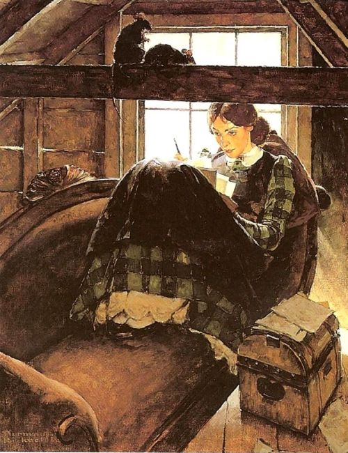 vladscastle:Norman Rockwell: Jo March in her garret from L.M. Alcott’s “Little Women”