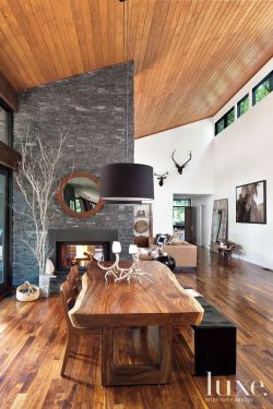 sunflowersandsearchinghearts:    Contemporary Wood and Stone Dining Area  Dreamy home…. omg!!