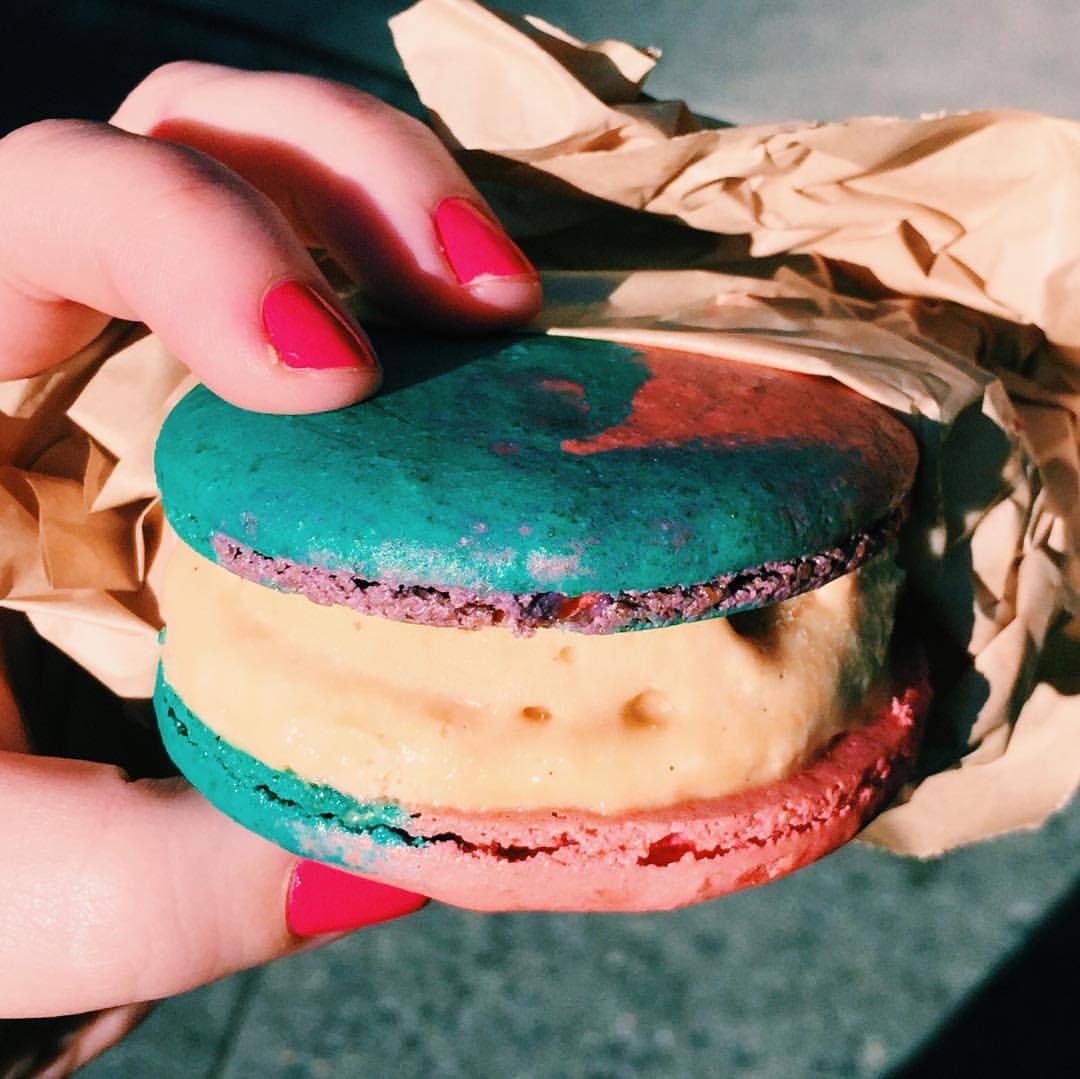 This is the Care Bear Stare from Macaron Parlour: two pastel rainbow macarons with salted caramel ice cream in between. Heaven.