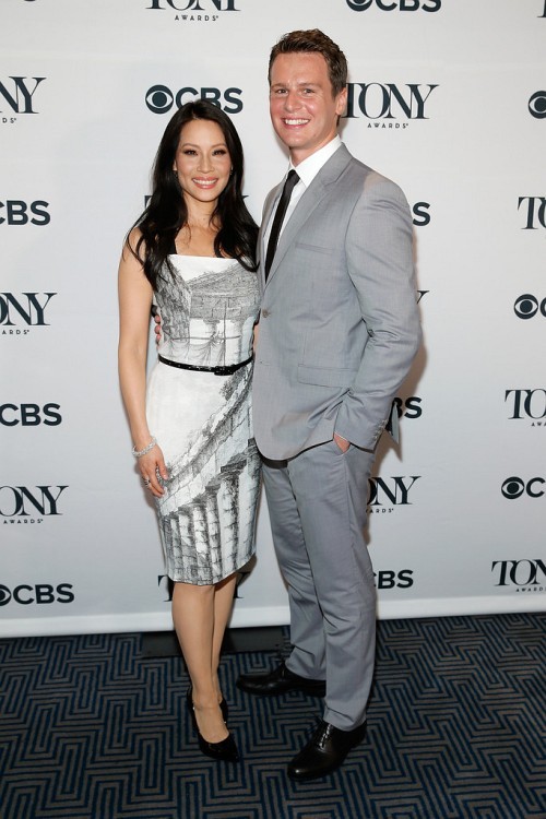 elementarystan:Jonathan Groff & Lucy Liu at the 2014 Tony Awards Nominations Ceremony (Apr 29)