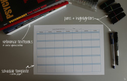 mindofamedstudent:  Tutorial: how to make a study schedule. Make a reference sheet with separate lists for each subject. This reference sheet is used to orient your daily studying. List the material you need to study for each subject. Be more specific