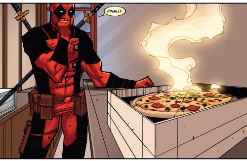 theironwillalchemist:  of-castles-and-converses:  itsdeepforhappypeople:  Awwwwwww cutie  that awkward moment when deadpool is a better person than you because you would have just stole the pizza and not given a fuck  What I like about Deadpool is that