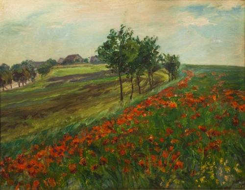 Landscape with Poppies    -     František Kaván Czech, 1866-1941 Oil on cardboard, 31 x 39.5 cm. (12