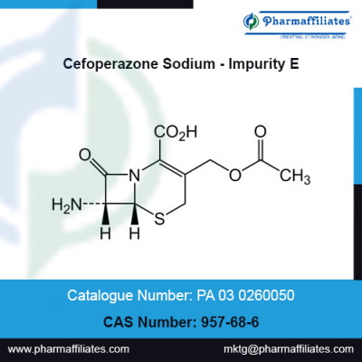 CAS No :  957-68-6 | Product Name : Cefoperazone Sodium - Impurity E | Chemical Name : (6R,7R)-3-[(acetyloxy)methyl]-7-amino-8-oxo-5-thia-1-azabicyclo[4.2.0]oct-2-ene-2-carboxylic acid (7-ACA) | PharmaffiliatesBuy highly pure Cefoperazone Sodium - Impurity E, CAS No :  957-68-6, Mol.Formula : C10H12N2O5S, Mol.Weight : 272.28, from Pharmaffiliates. Login as registered user for prices, availability and discounts. #CAS No :  957-68-6  #Product Name : Cefoperazone Sodium - Impurity E  #Chemical Name : (6R7R)-3-[(acetyloxy)methyl]-7-amino-8-oxo-5-thia-1-azabicyclo[4.2.0]oct-2-ene-2-carboxylic acid (7-ACA)  #PA 03 0260050
