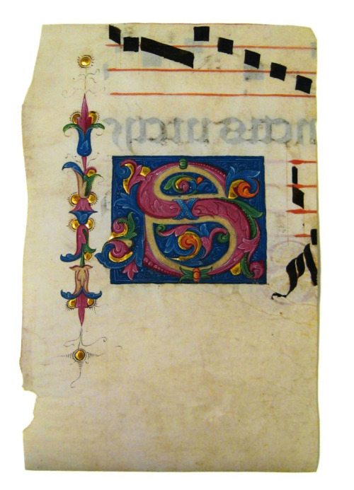 Manuscript initial, decorated S in colors and gold, 15th century. Portion of leaf from a Latin choir