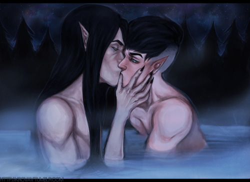 OC kissing week is drawing to an end, and though I don’t multiship I wanted to join in on the fun. So here are my two favorite elves enjoying some of Skyrim’s natural resources.Vikrolomen belongs to me / Vincialem belongs to @mazokhist