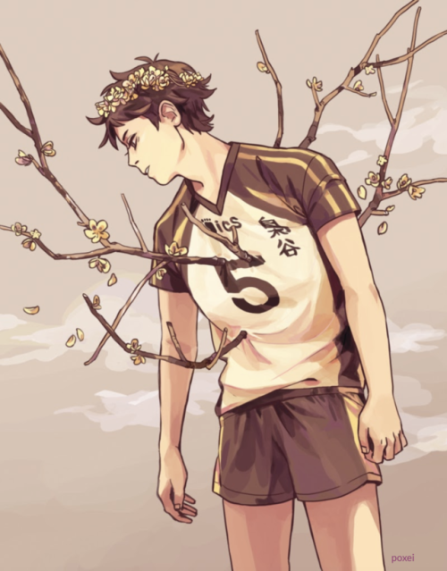 dysphania:growth [id: an illustration of akaashi against a cloudy gray background. he is slumped for